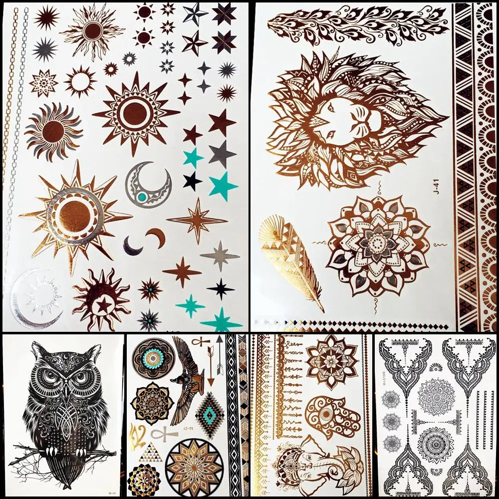 Золотая Серебряная татуировка 1 шт. индийская Водонепроницаемая временная Sun Moon