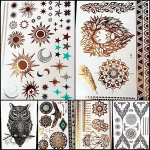Золотая Серебряная татуировка, 1 шт., индийская Водонепроницаемая временная татуировка Sun Moon Stars HCT126, черная цепочка, браслет, дизайн, флеш-татуировки