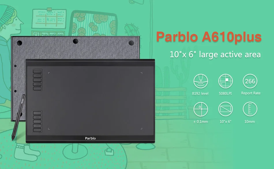 Parblo A610 Plus цифровой планшет графический планшет для рисования планшет с ручкой 8192 уровень батареи ручка 10 ''x 6'' Активная область планшета