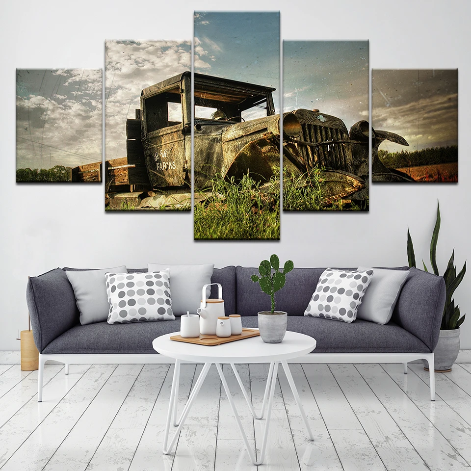 5 Panel Wall Art Old Vintage Truck On The Prairie Painting Picture Print Canvas Car For Home Modern Decor Artwork | Дом и сад