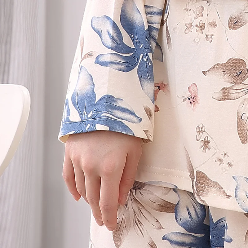 

High Quality Autumn 100%Cotton Women Long Sleeve Pajamas Set Floral Round Neck Soft Loose Plus Size M-4XL Female Indoor Homewear