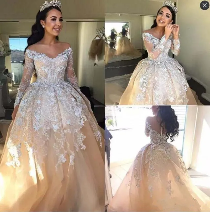 Цвета шампанского тюль свадебное платье с белым иллюзия Аппликации задняя