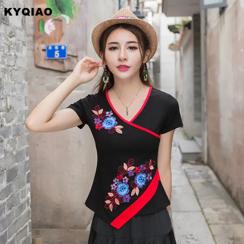 Женская Этническая футболка KYQIAO черная или красная Асимметричная с v образным