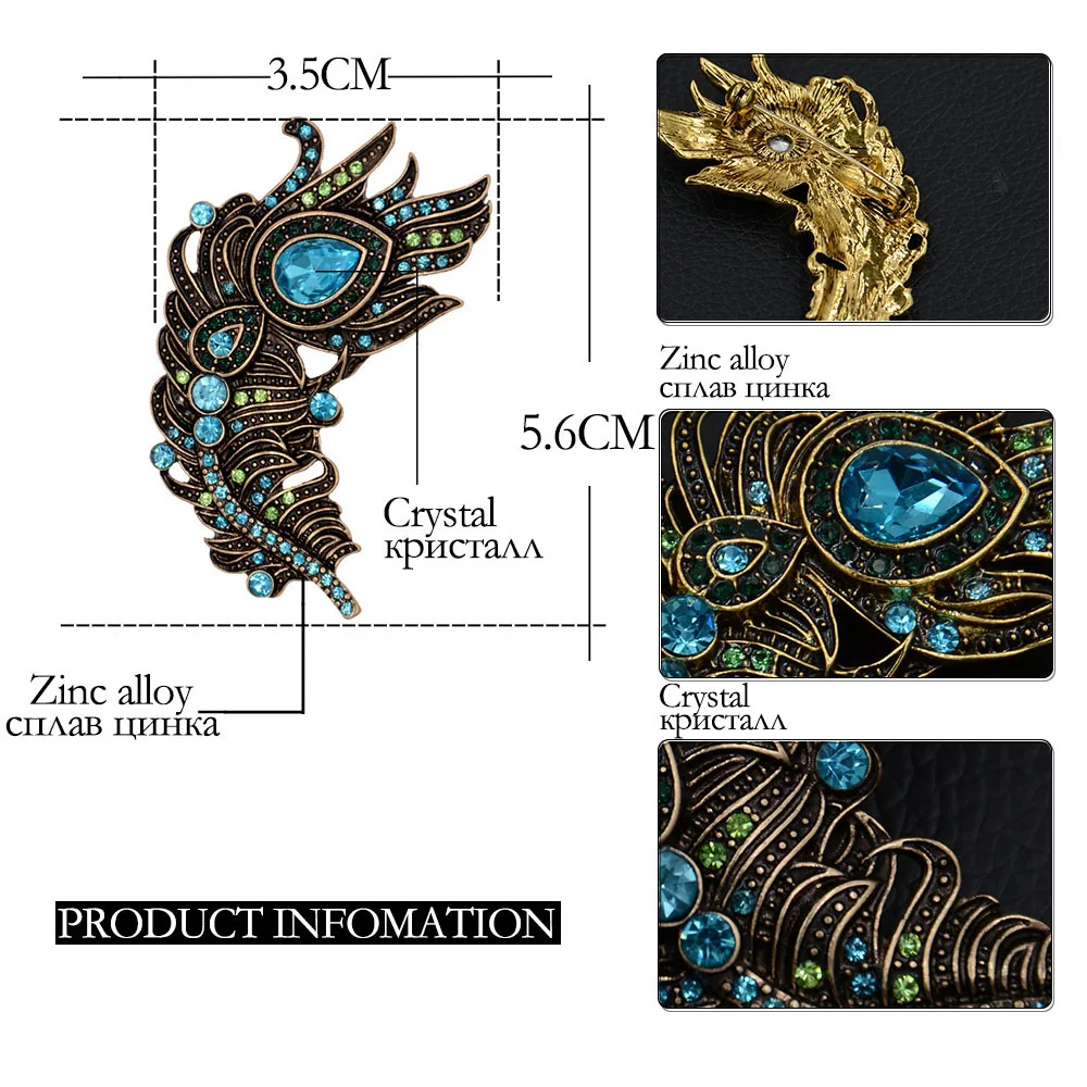 Винтажная металлическая брошь с перьями слеза Кристалл горный хрусталь женская