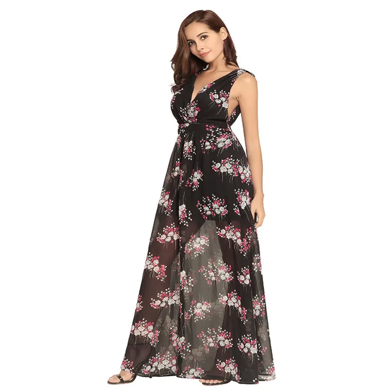 Женское платье-макси без рукавов Бандажное шифоновое платье синего/черного