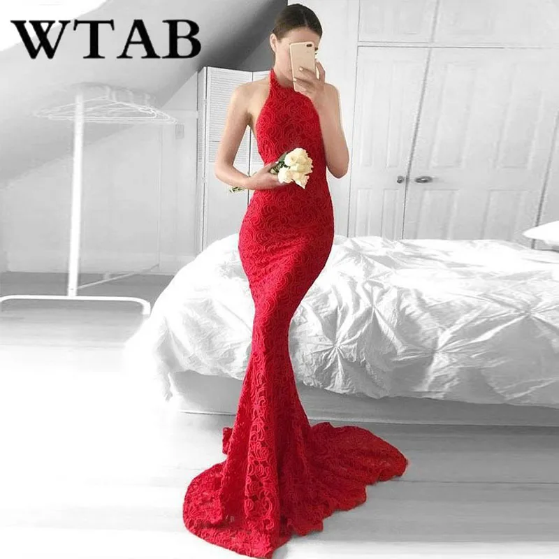 Женское платье с открытой спиной WTAB Vestidos длинное красное лямкой на шее без