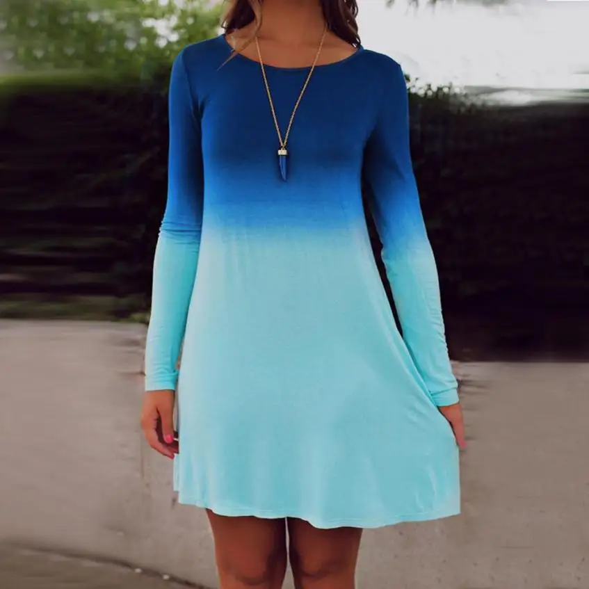 A KANCOOLD Женская летняя обувь платье с длинным рукавом vestido Повседневное свободные градиент Цвет Короткие мини-платье S-4XL пункт 2JUN6 - Цвет: A