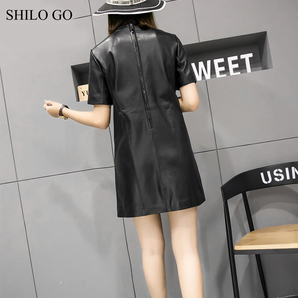 Женское платье из овчины SHILO GO зимнее черное офисное натуральной кожи с круглым