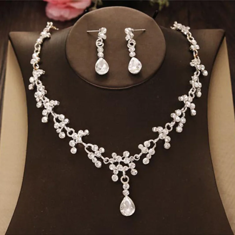 B Necklace Clip Ear Свадебный ювелирный набор, горный хрусталь, кристалл, Золотая тиара, Серебряная корона, серьги для свадьбы, ожерелье, набор, аксессуары для невесты, роскошные ювелирные изделия - Окраска металла: B Necklace Clip Ear