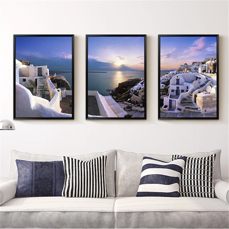

HAOCHU Triptych White Island Seascape Frameless Pictures Wall Art Poster Europe Canvas Oil Painting for Home Living Room Decor