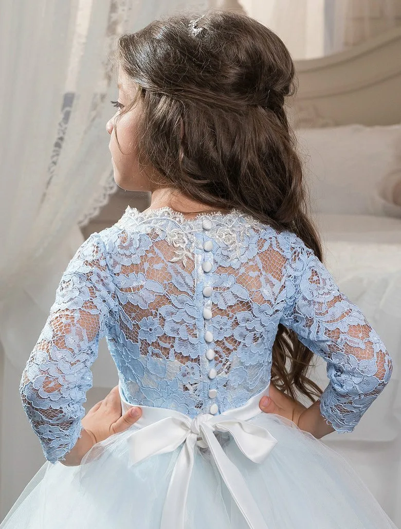 2017 Cute A-line Tulle Scoop Neck Long Sleeve Flower Girl Dresses Button up Kids Pageant Vestido de nina las flores | Свадьбы и