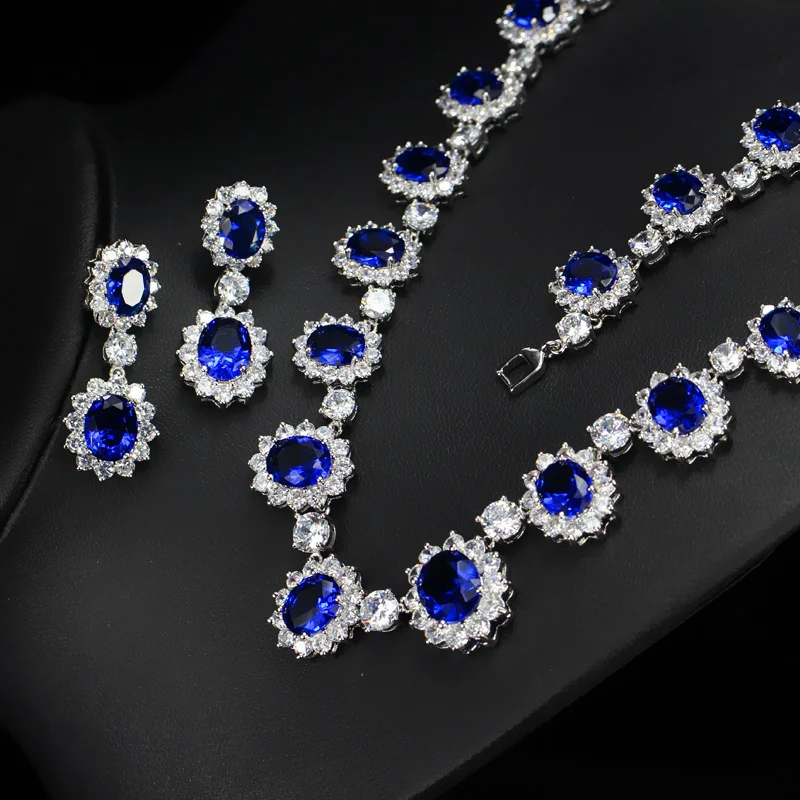 BeaQueen Exquisite Inlaid Big Royal Blue Cubic Zirconia Flower Shape CZ Necklace Jewelry Set for Women Wedding Banquet JS058 | Украшения и