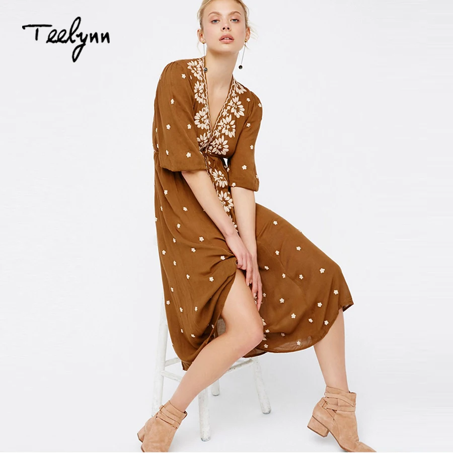 Женское винтажное платье с цветочной вышивкой TEELYNN Boho повседневное длинное