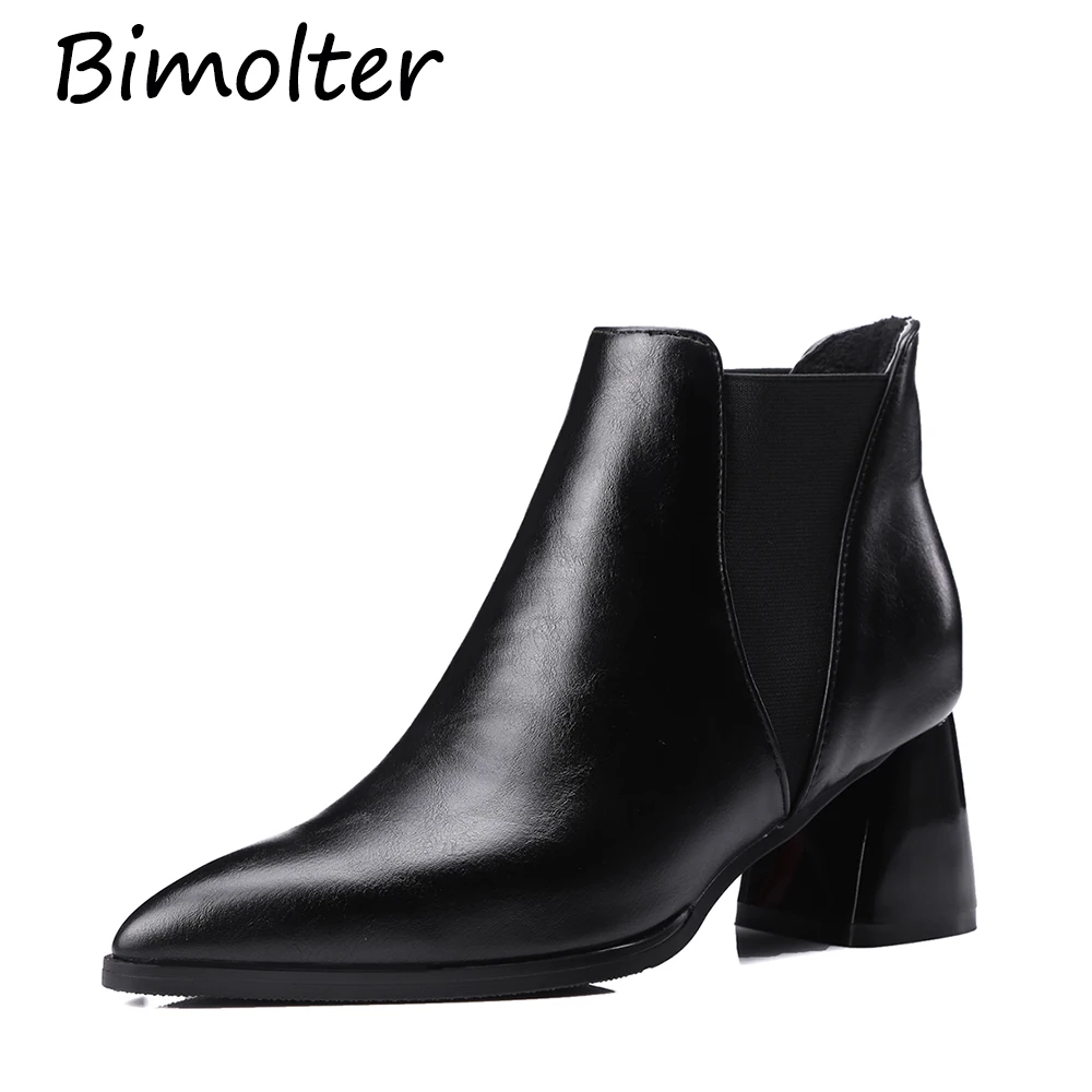 Bimolter/модные ботинки Челси из искусственной кожи на высоком каблуке с острым