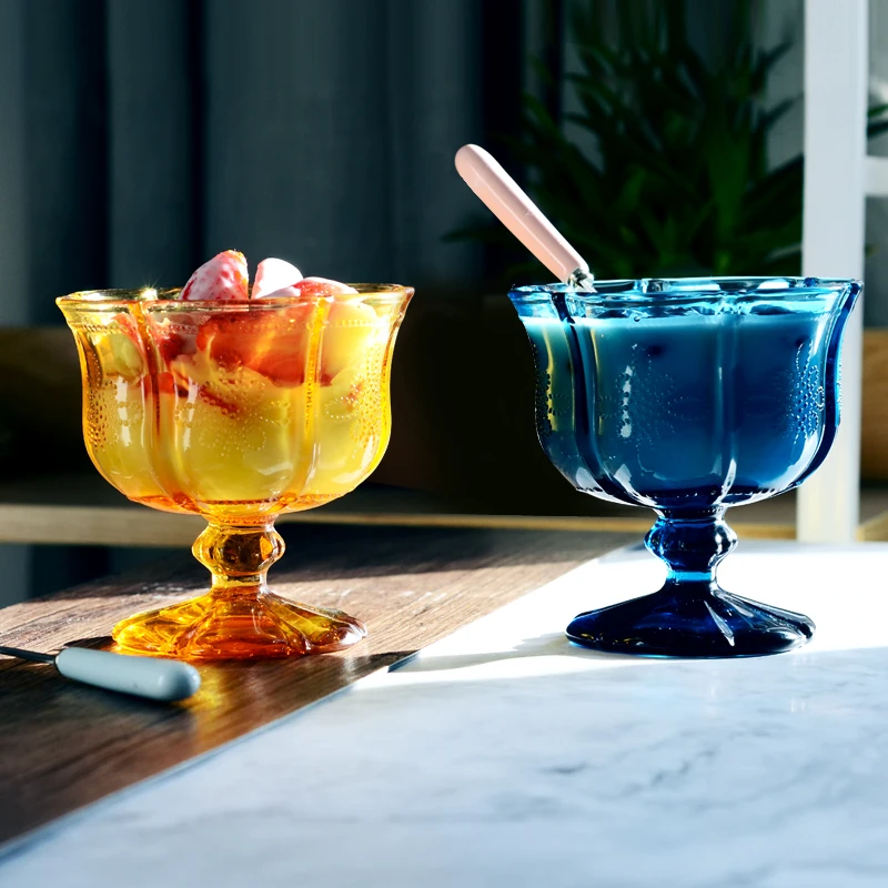 250ML Embossed Pattern Engraving Retro Chinese Knot High Glass Ice Cream Cup Fruit Salad Bowl Dessert Cold Drink Juice | Дом и сад