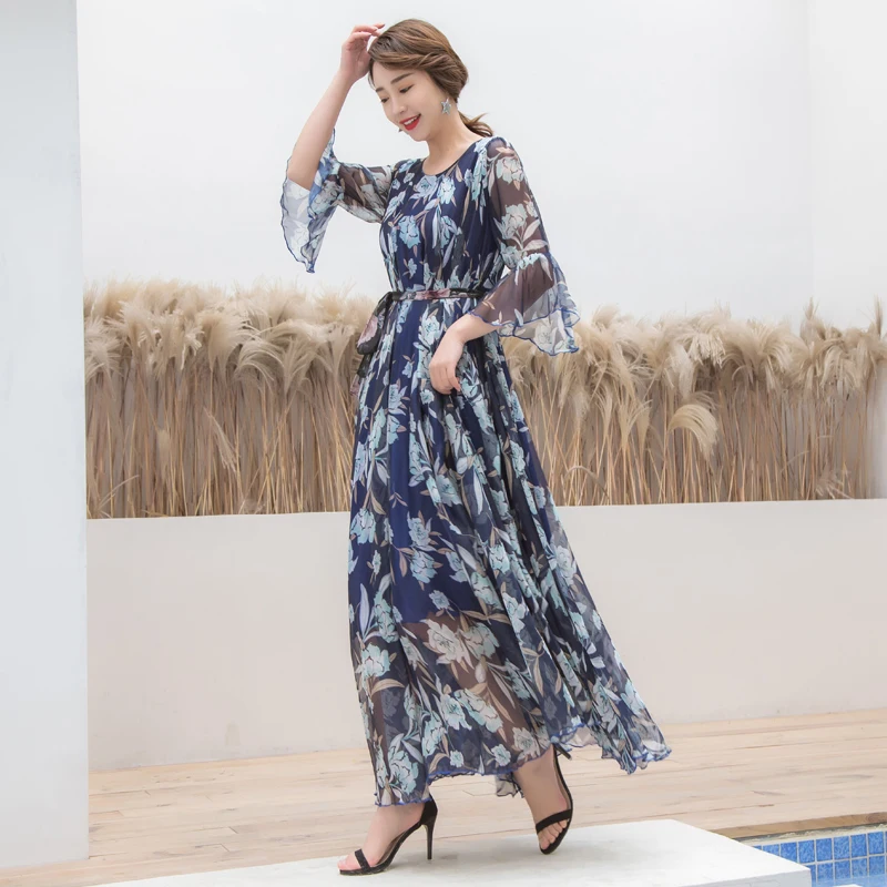 Женское платье с цветочным принтом длинное расклешенными рукавами свободный
