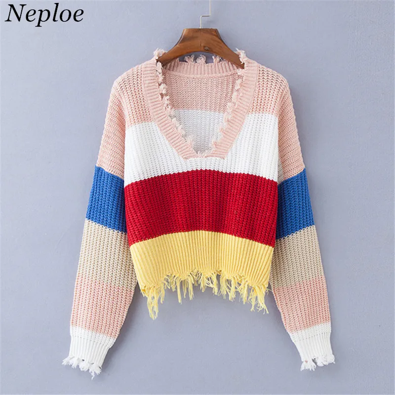 Neploe Rainbow Stripped Fashion Girl Sweater Knitted Tassel Chic Women Pullover 2018 New Auttum V-Neck Sexy Sueter Mujer 68625 | Женская