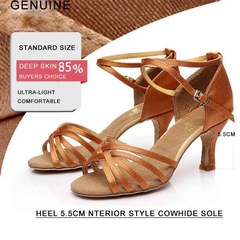 Women Latin Dance Shoes Mid Heel Cowhide Soft Bottom Black Satin Sports Shoe Latin Indoor Dedicated Factory Cheap Wholesale Hot