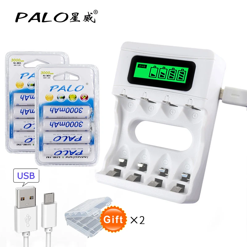 8pcs AA with charger 8 шт/2 карты PALO AA Аккумуляторная батарея AA NiMH 1,2 V 3000mAh Ni-MH 2A предварительно заряженные аккумуляторные батареи для камеры - Цвет: 8pcs AA with charger