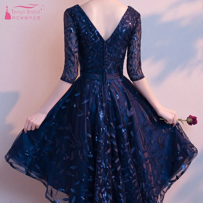 Половина рукава кружевное платья подружек невесты Темно-синие короткое спереди