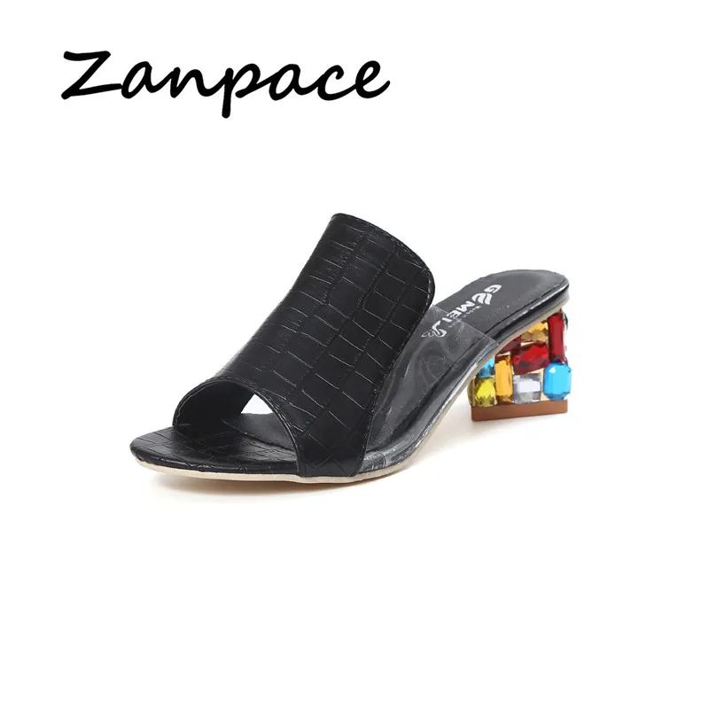 Тапки Zanpace женские на среднем каблуке модные шлепанцы с открытым носком сланцы