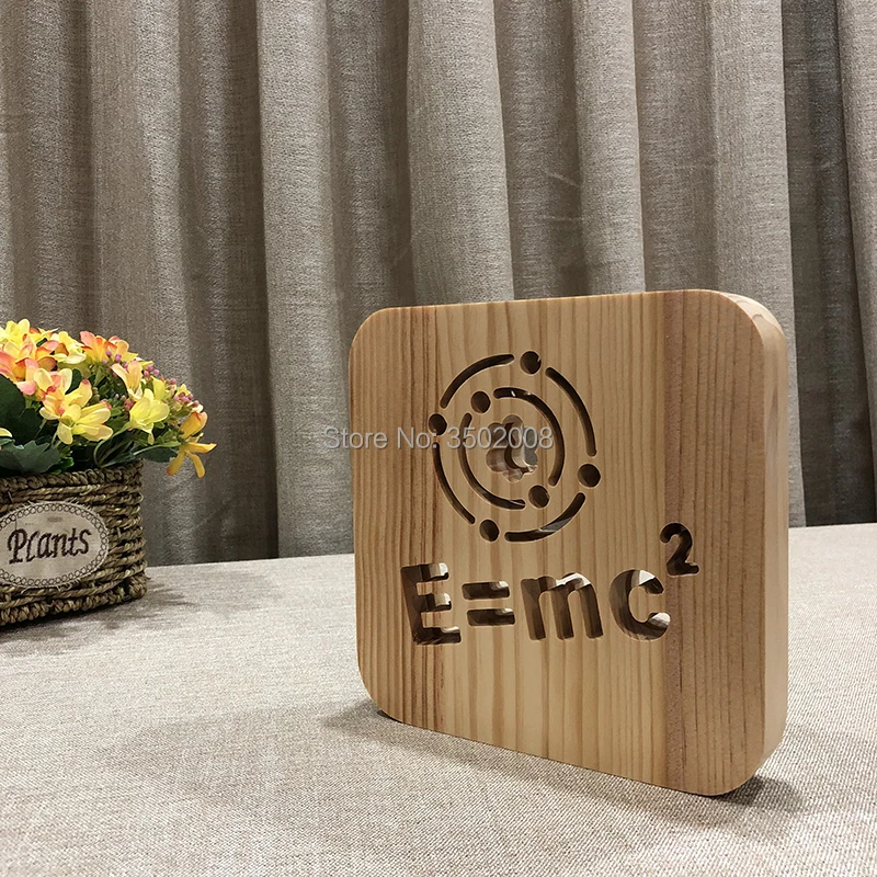 Креативный деревянный ночник 3d E = MC ^ 2 USB кабель с полым дизайном