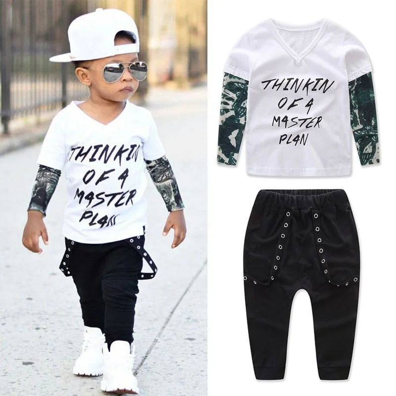 2 piece Baby Infant Toddler Boys Clothing Outfits Set Letters Tattoo Sleeve T shirt Thinkin of a master plan slogan set |