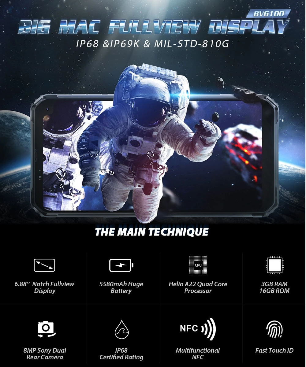 Blackview BV6100 IP68 Водонепроницаемый смартфон 3 ГБ + 16 Гб 6 8 &quotсевере 18:9 MT6761 4 ядра 2 0 ГГц