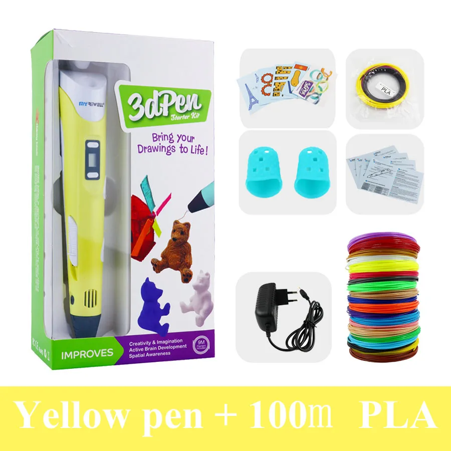Yellow with 100m PLA Myriwell 3d Ручка, оригинальная 3d Ручка для принтера, 3d Ручка для рисования, 1,75 мм, pla с ЖК-дисплеем для детей, рождественский подарок, подарок на день рождения, игрушки - Цвет: Yellow with 100m PLA