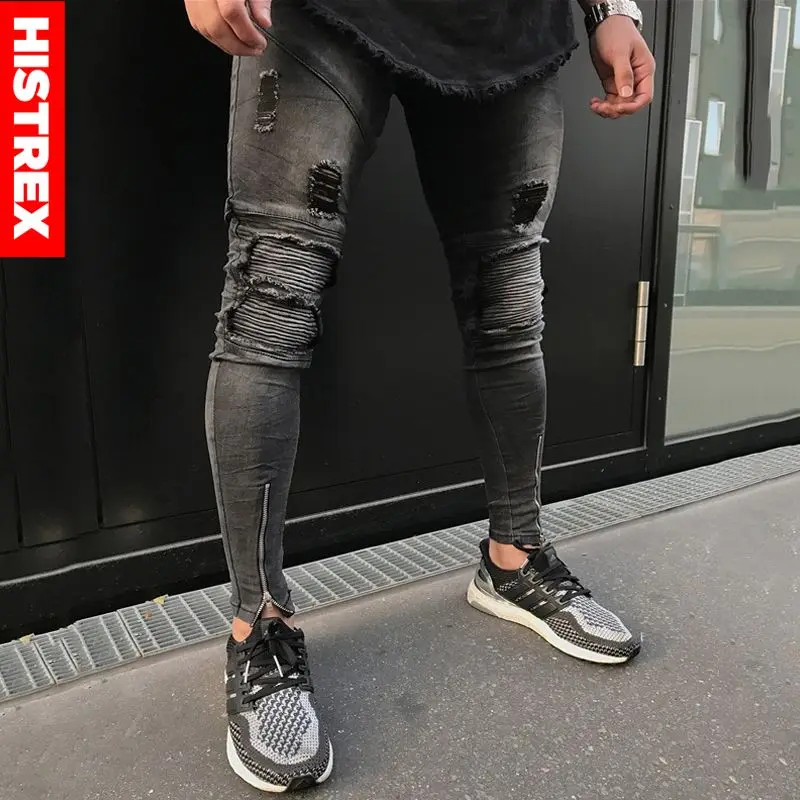 2018 Зауженные джинсы скинни Destroyed Zipper Байкер Карандаш Жан Хип-Хоп Мода известный
