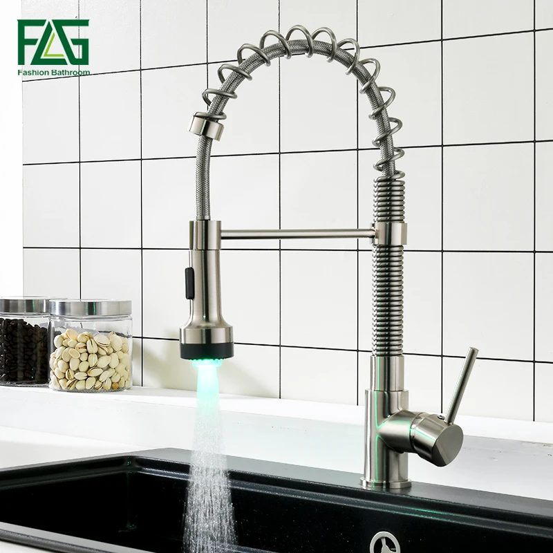 

FLG LED Kitchen Faucets Spring Style Brushed Nickel Faucet Pull Down Brass Kitchen Tap Swivel Hot and Cold Water Sink Mixer Taps
