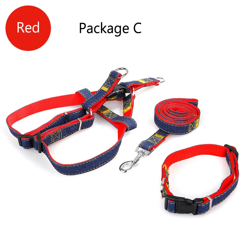 Package C Red Ремни для домашних животных джинсовый ошейник нагрудный ремень набор веревок для занятий спортом на открытом воздухе, безопасность поводок для маленьких и крупных собак кошка s m l xl тканевые цепи для собак - Цвет: Package C Red