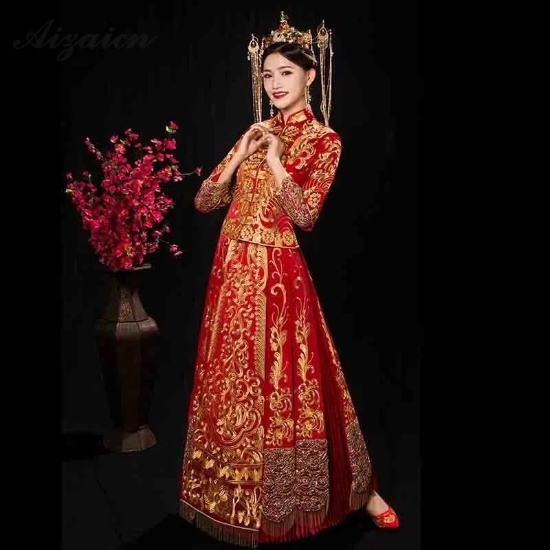 Chinese Traditional Dress Qipao Red Long Sleeve Cheongsam Embroidery Oriental Dresses Wedding Gowns Robe Orientale Vestido Chino |