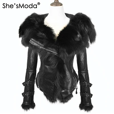 black She'sModa светильник с натуральным лисьим мехом, флисовая Тонкая зимняя женская толстовка на молнии, мотоциклетная куртка размера плюс - Цвет: black