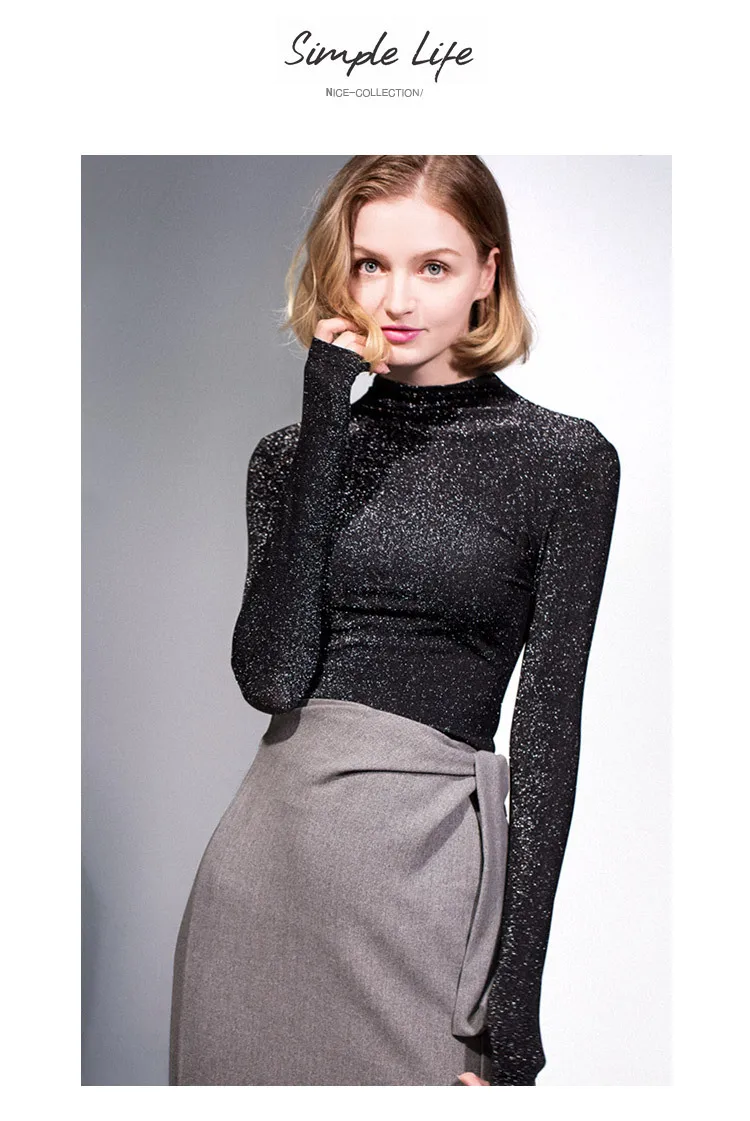 Moda Jihan, женские футболки, блестящая Водолазка с длинным рукавом, топы, футболки, женские футболки с блестками, базовая осенняя одежда