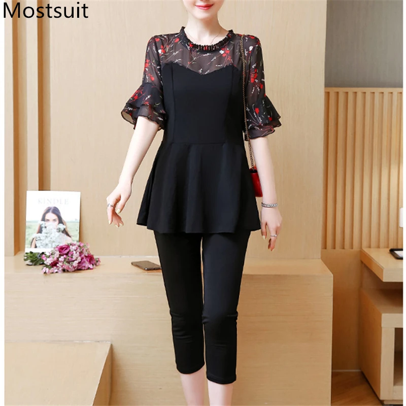 Mostsuit 5Xl плюс размеры черный печатных элегантный комплект из двух предметов для