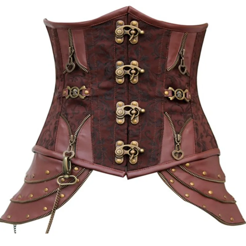 Fancy Plus Size Corset Gothic Brocade Brown Leather Steampunk Underbust Steel Boned Waist trainer Corsets | Женская одежда