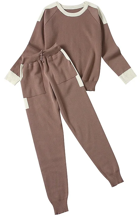 dark khaki ALPHALMODA осенне-зимние женские вязаные штаны и свитер, комплекты одежды из 2 предметов, пуловеры с круглым вырезом, цветные трикотажные комплекты с карманами - Цвет: dark khaki