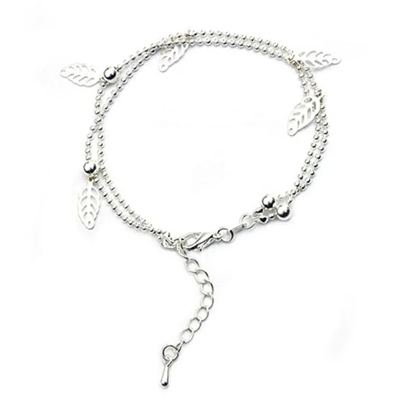 Женский двухслойный браслет с листьями посеребренный в стиле минимализма