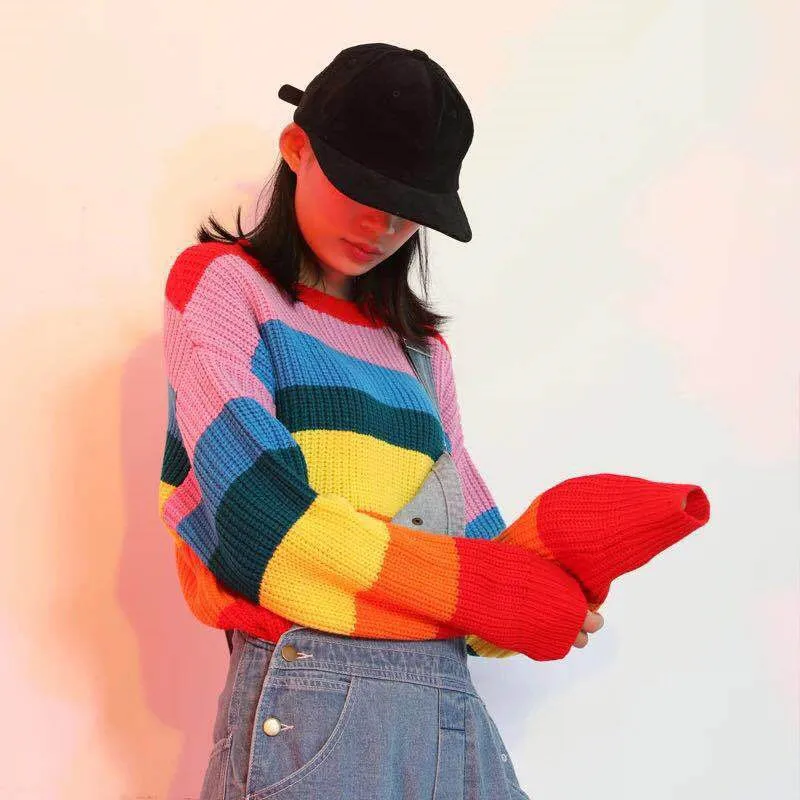 Rainbow Striped Women Sweaters 2018 Autumn New High Street Oversized O-neck Knitwear Knitted Pullovers cws0101-5 | Женская одежда