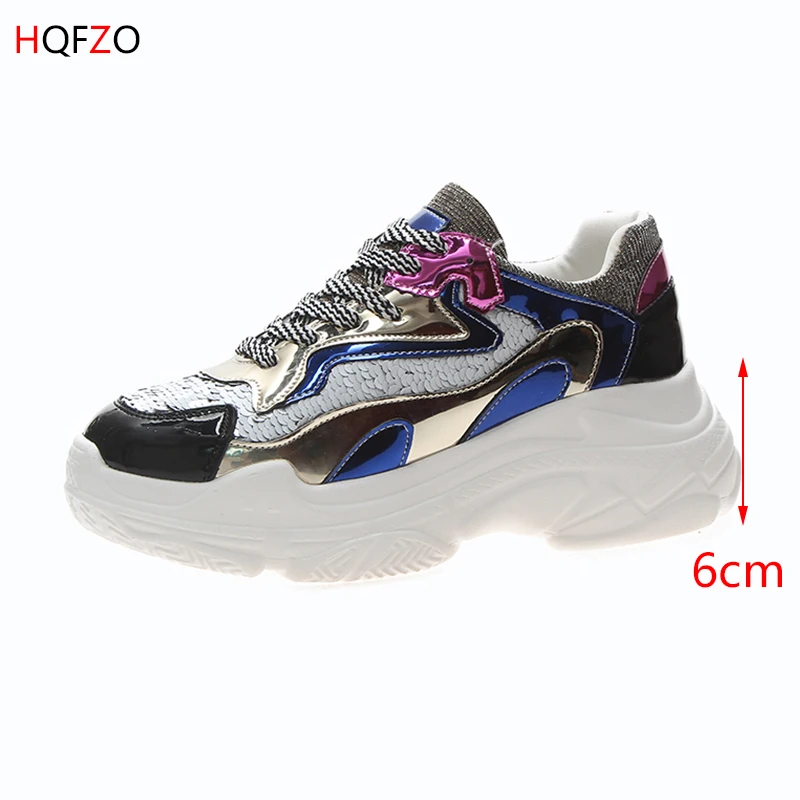 HQFZO 2019 Fashion Pantshoes Bling Platform Vulcanize Sneakers Spring Wedge Lace-Up Women Shoes Breathable Casual Female | Обувь