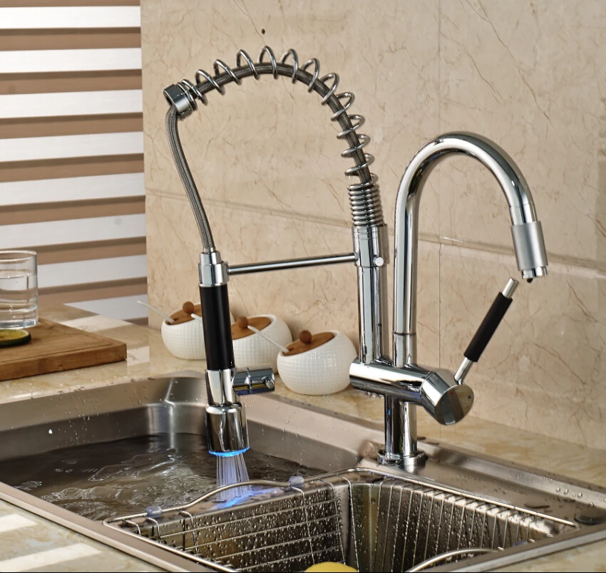 Modern Design Deck Mount Spring Double Swivel Spout Kitchen Mixer Faucet Single Handle with LED Light | Обустройство дома