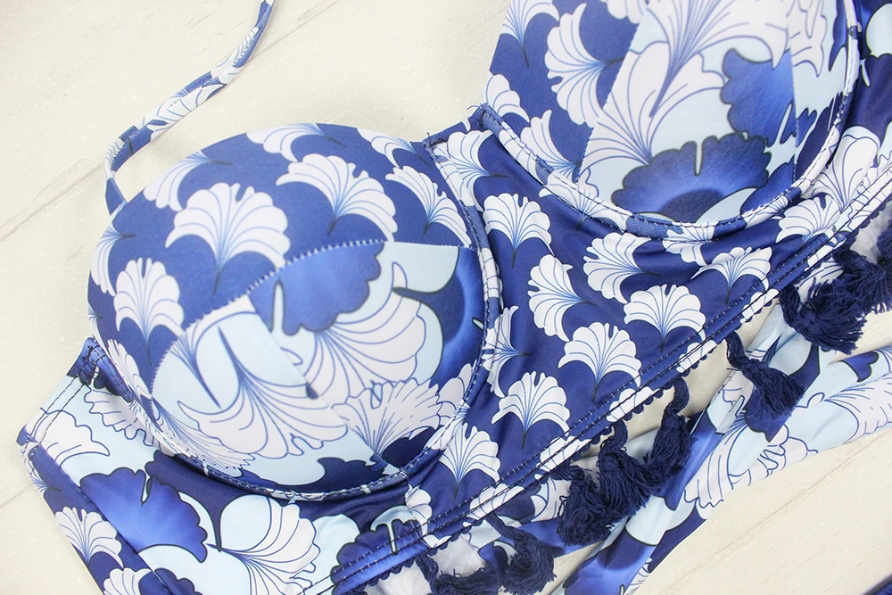 Floylyn Sexy Floral Print High Waist Swimsuit Tassel Bikini Push Up Swimwear Women Vintage Biquini Bathing Suit Maillot De Bain | Женская