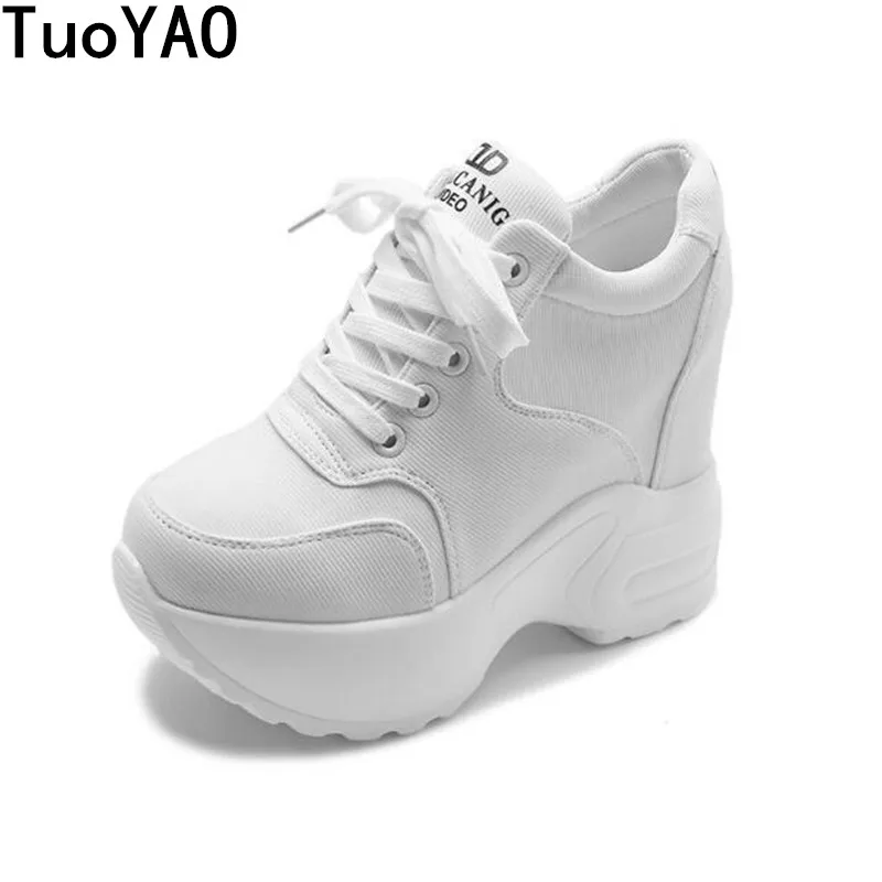 

Women's Sneakers Spring Canvas Chunky Shoes 2022 Woman Platform Height Increased Sneakers 10CM Thick Sole Wedges White Shoes New