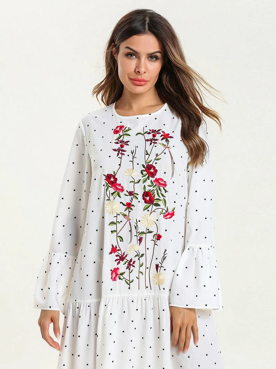 Women Long Muslim Abaya Dress White Dot Turkey Embroidery Kaftan Dubai Evening Party Modest Dress Loose Casual Islamic Clothing