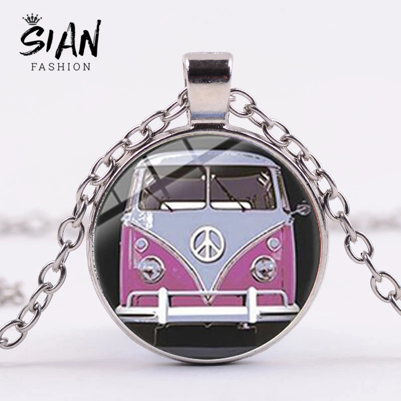 Ожерелье с надписью SIAN Peace Pink Hippie Bus Van винтажное ожерелье в стиле хиппи мультяшным