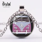 Ожерелье с надписью SIAN Peace Pink Hippie Bus Van, винтажное ожерелье в стиле хиппи с мультяшным фото, стеклянный купол, подвеска ручной работы для детей, автомобиля, коллекционеров, ювелирные изделия