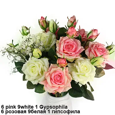 6pink9white1gypsophi Настоящий букет розы с латексным покрытием, шелковые цветы для дома/свадьбы/Вечеринки, Декоративные искусственные цветы - Цвет: 6pink9white1gypsophi