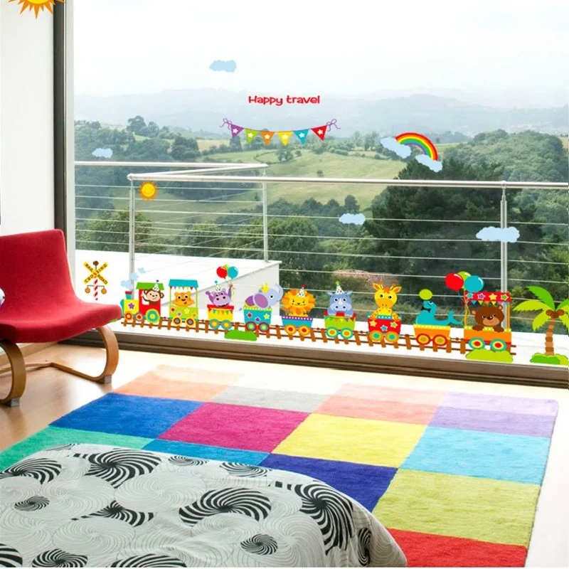 Радостный настенный стикер с поездом Мультяшные обои для детской спальни