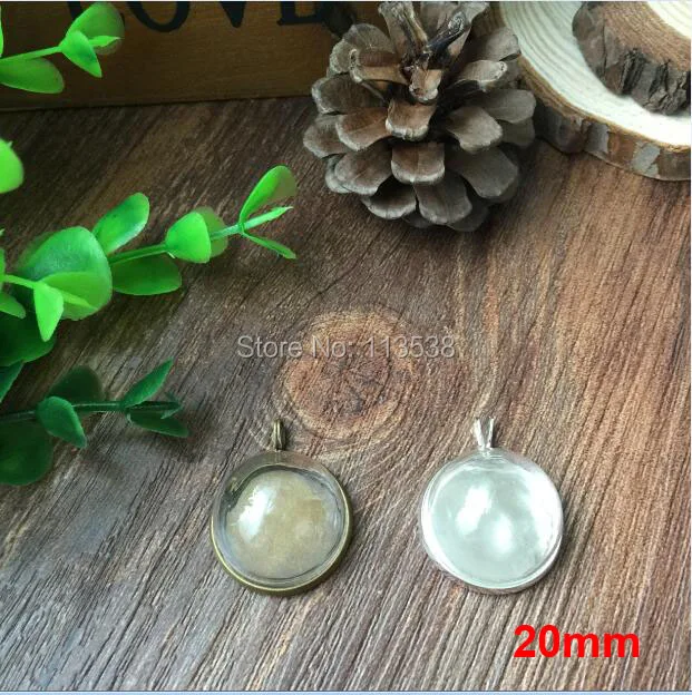 

100sets/lot 20mm clear half round glass dome globe vial pendant silver/bronze base tray setting necklace jewelry fingding making